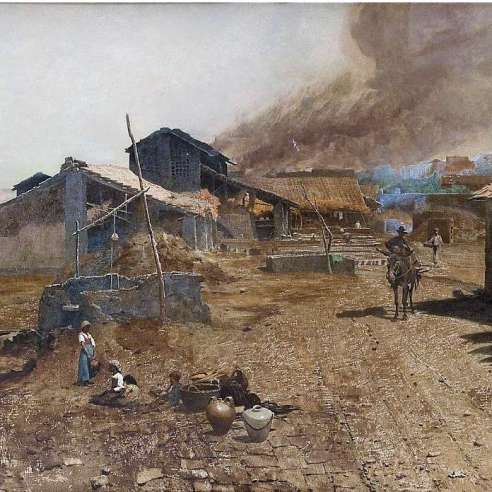 Brandt Fritz (1853 – 1905), watercolor, on paper “Village life by the sea”