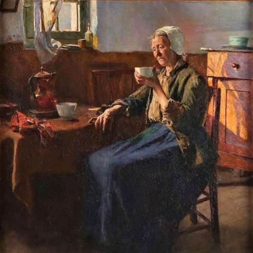 Boudry Aloïs (1851-1938)+Oil on pannel +The old fisherman woman