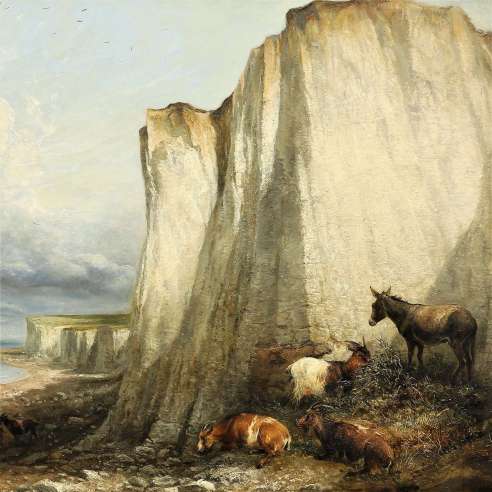 Thomas Sidney Cooper (1803-1902)+Huile sur toile+ Bétail près des falaises