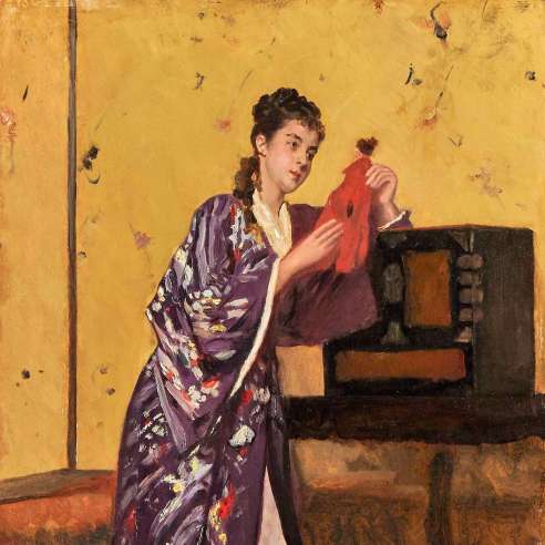 De Jonghe Gustave Leonard (1829 -1893)+La femme au Kimono (Vrouw in kimono)