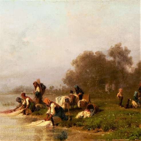 Girardet Karl (1813-1871)+ Huile sur toile+ Lavandières en bord de rivière