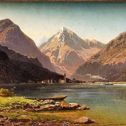 Roffiaen François (1820-1898)+Huile sur panneau,  Fluelen, Lac des quatre cantons (Suisse)