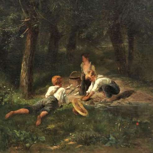 Amédée Elié Servin — (1829-1884), Huile sur toile "Enfants jouant dans une forêt"