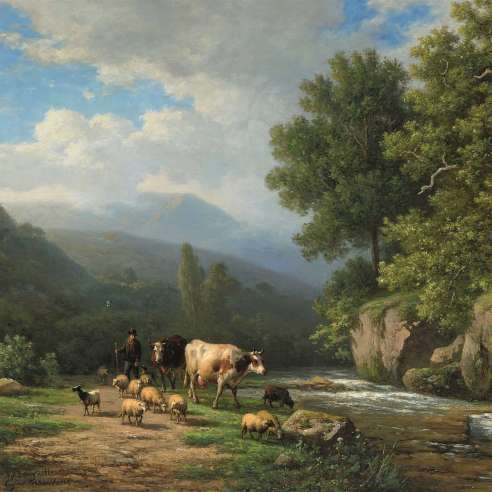 Verboeckhoven Eugène (1798 - 1881)+Huile sur toile, Troupeau près d'une rivière au débit rapide