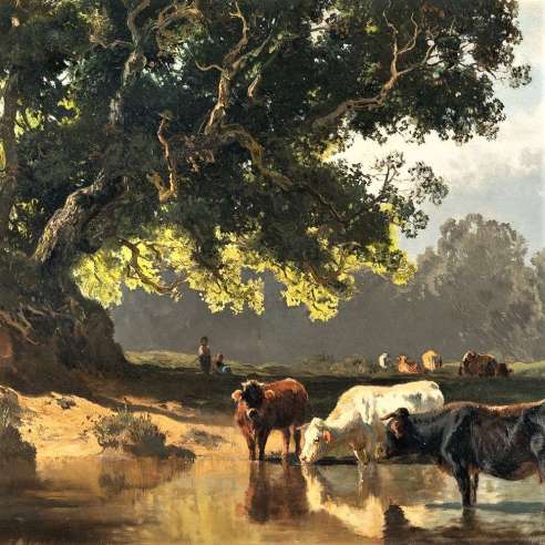 Wenglein Josef (1845 - 1919)+ Huile sur panneau, Vaches a l'abreuvoir